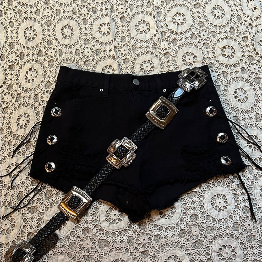 Nasty Gal Black Distressed Fringe Denim Shorts with Silver Studs